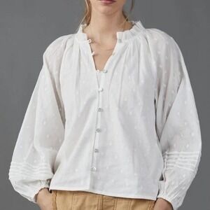 Cleobella White Embroidered Puff Sleeve Ruffle Neck Button Up Blouse Top Size S